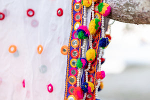 Delicate Embroidered and Mirrored Indian Shawl with Pom Poms