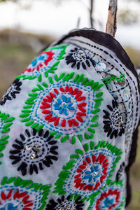 Delicate Embroidered and Sequined Indian Shawl with Black Trim and Mirrors